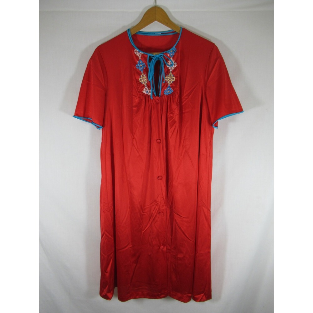 Vintage 60s 70s JCPenney Embroidered Nightgown Robe Set Women Medium Red Nylon